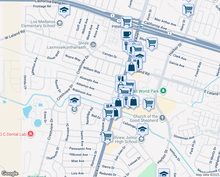 map of restaurants, bars, coffee shops, grocery stores, and more near 37 Alvarado Avenue in Pittsburg