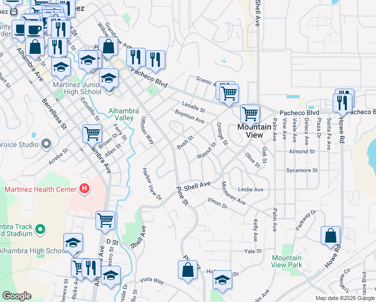 map of restaurants, bars, coffee shops, grocery stores, and more near 2121 Tacoma Avenue in Martinez