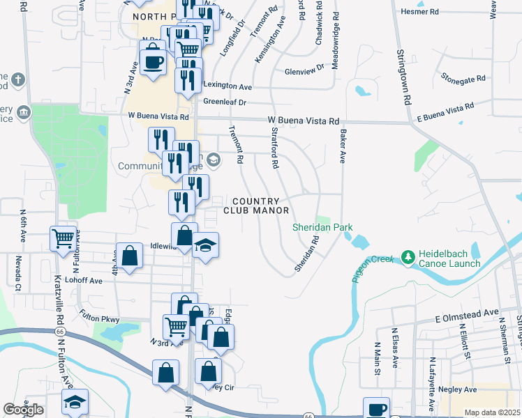 map of restaurants, bars, coffee shops, grocery stores, and more near 511 Fairway Drive in Evansville