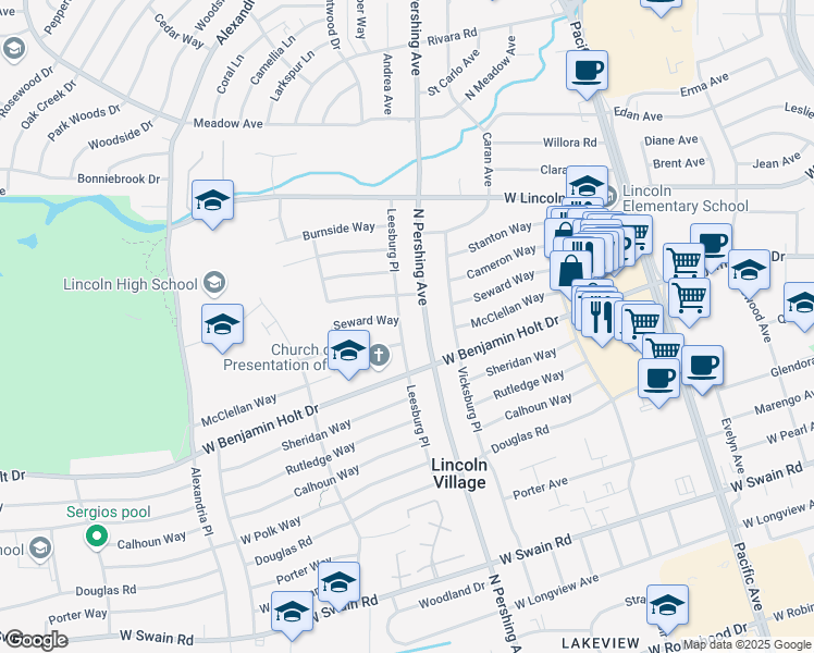 map of restaurants, bars, coffee shops, grocery stores, and more near 6750 Leesburg Place in Stockton