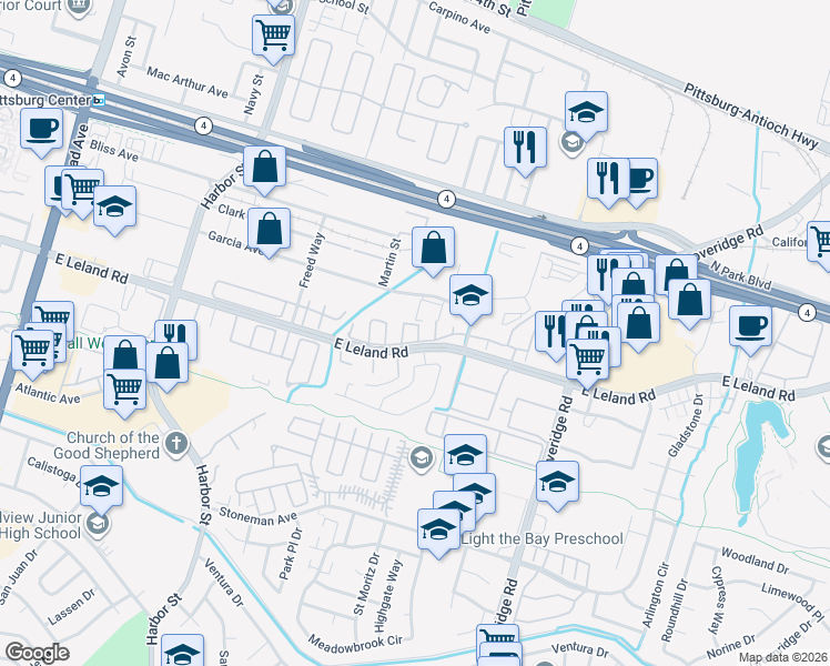 map of restaurants, bars, coffee shops, grocery stores, and more near 214 Whimbrel Circle in Pittsburg