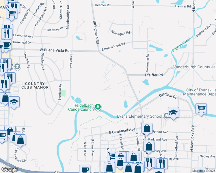 map of restaurants, bars, coffee shops, grocery stores, and more near 172 Hartin Drive in Evansville