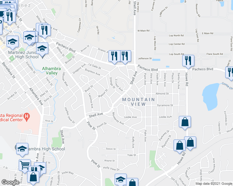 map of restaurants, bars, coffee shops, grocery stores, and more near 2308 Orange Street in Martinez