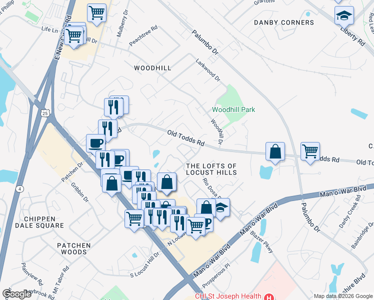 map of restaurants, bars, coffee shops, grocery stores, and more near 204 Joey Way in Lexington