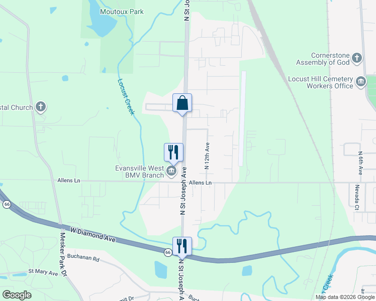 map of restaurants, bars, coffee shops, grocery stores, and more near 3318-3322 St Joseph Ave in Evansville