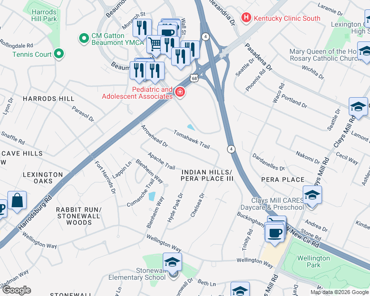 map of restaurants, bars, coffee shops, grocery stores, and more near 836 Tomahawk Trail in Lexington
