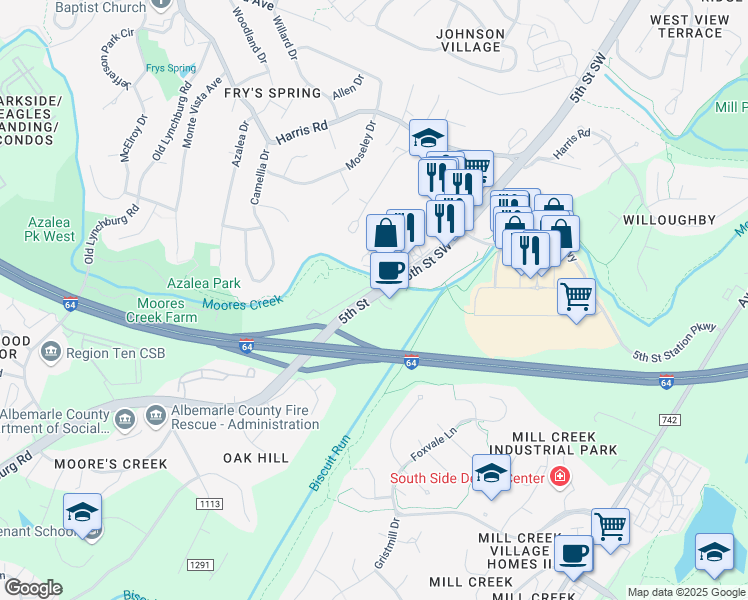map of restaurants, bars, coffee shops, grocery stores, and more near in Scottsville