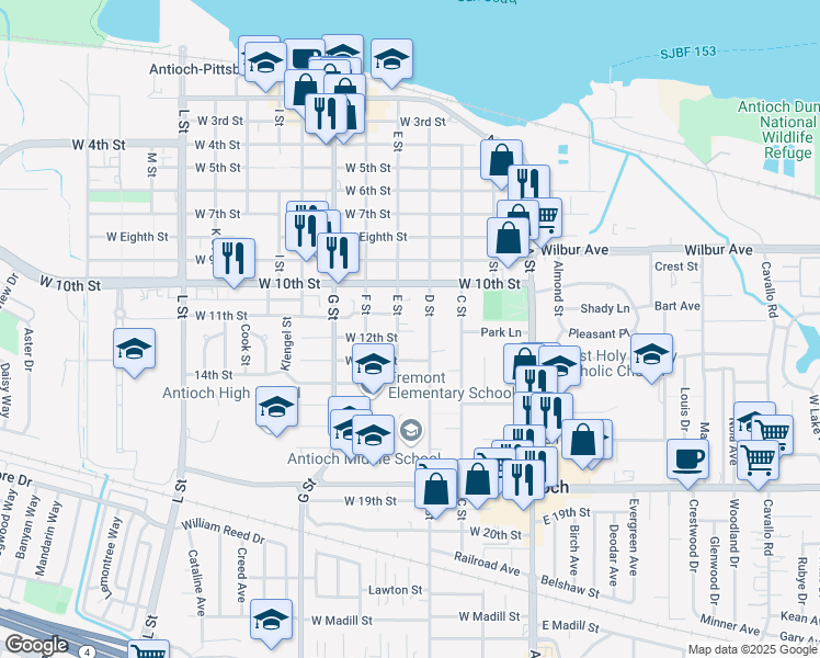map of restaurants, bars, coffee shops, grocery stores, and more near 1111 E Street in Antioch
