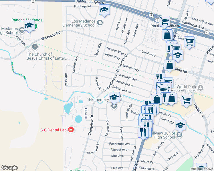 map of restaurants, bars, coffee shops, grocery stores, and more near 3502 Crestview Drive in Pittsburg