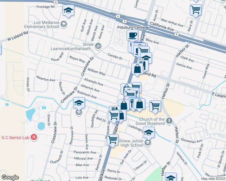 map of restaurants, bars, coffee shops, grocery stores, and more near 45 Alvarado Avenue in Pittsburg