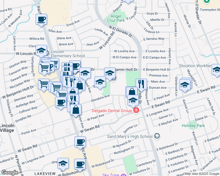 map of restaurants, bars, coffee shops, grocery stores, and more near 6324 Alturas Avenue in Stockton