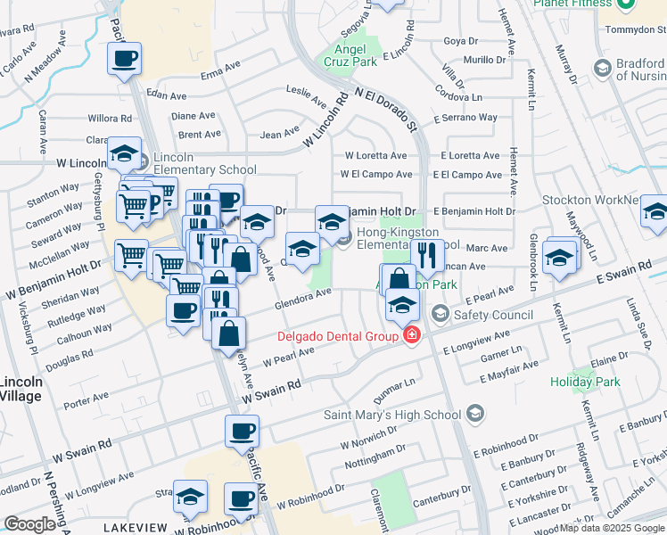 map of restaurants, bars, coffee shops, grocery stores, and more near 128 West Benjamin Holt Drive in Stockton