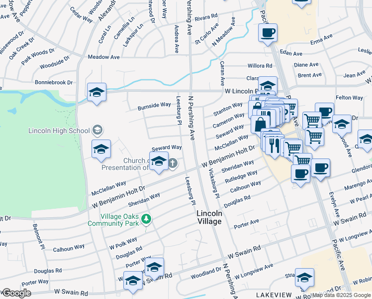map of restaurants, bars, coffee shops, grocery stores, and more near 6750 Leesburg Place in Stockton
