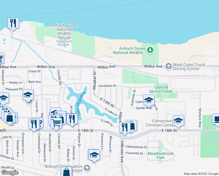 map of restaurants, bars, coffee shops, grocery stores, and more near 1112 Jacobsen Street in Antioch