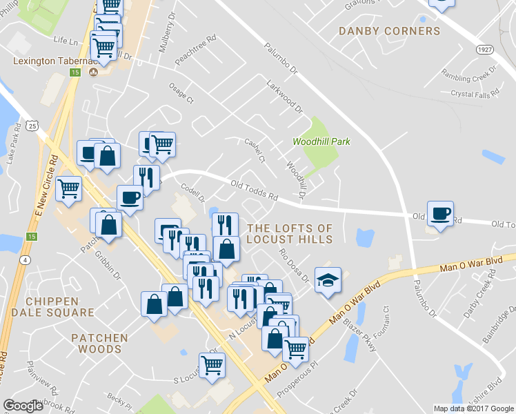 map of restaurants, bars, coffee shops, grocery stores, and more near 2852 Ryan Circle in Lexington