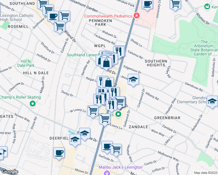 map of restaurants, bars, coffee shops, grocery stores, and more near in Lexington