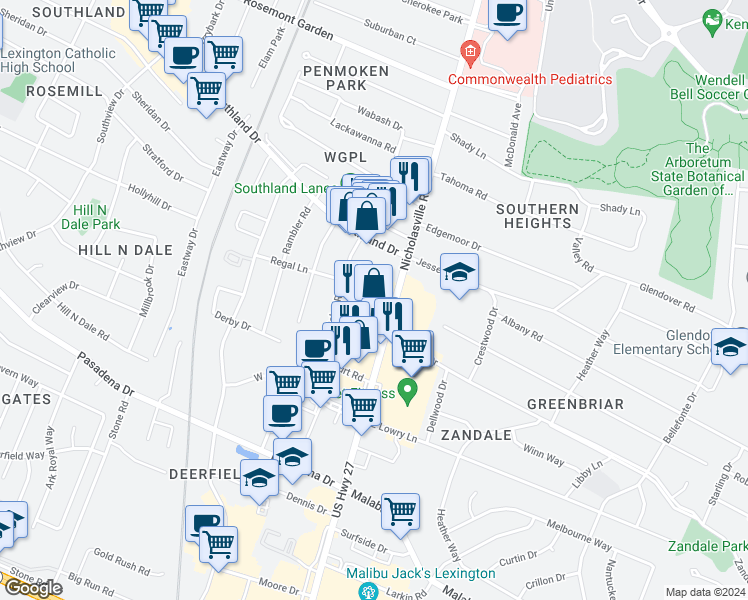 map of restaurants, bars, coffee shops, grocery stores, and more near in Lexington