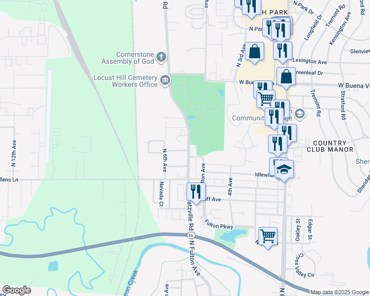 map of restaurants, bars, coffee shops, grocery stores, and more near 3308 Kratzville Road in Evansville