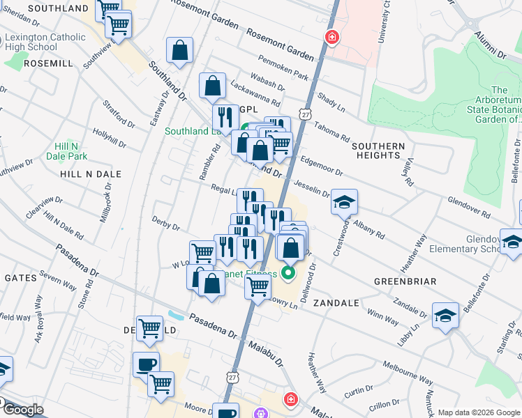 map of restaurants, bars, coffee shops, grocery stores, and more near 2036 Rebel Road in Lexington
