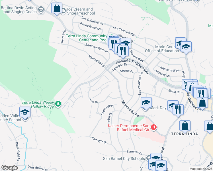 map of restaurants, bars, coffee shops, grocery stores, and more near 104 Surrey Lane in San Rafael