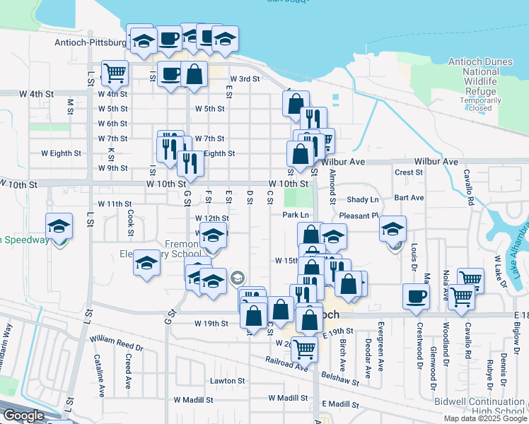 map of restaurants, bars, coffee shops, grocery stores, and more near 1114 C Street in Antioch