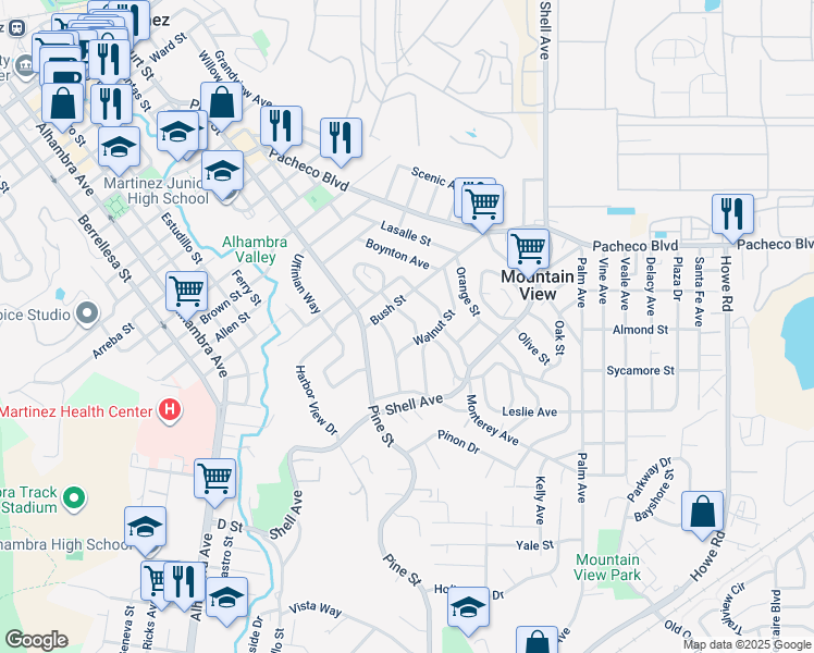 map of restaurants, bars, coffee shops, grocery stores, and more near 2121 Tacoma Avenue in Martinez
