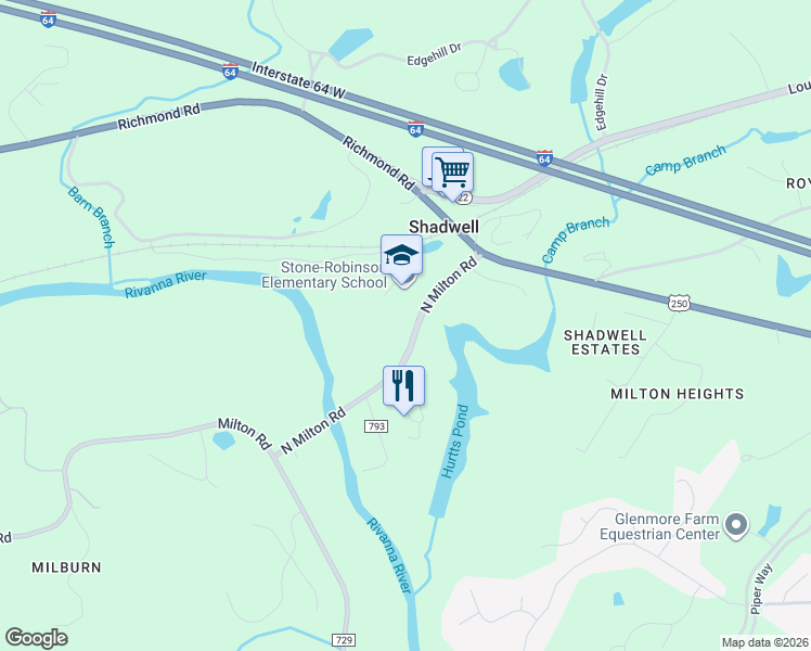 map of restaurants, bars, coffee shops, grocery stores, and more near 958 County Road 729 in Charlottesville