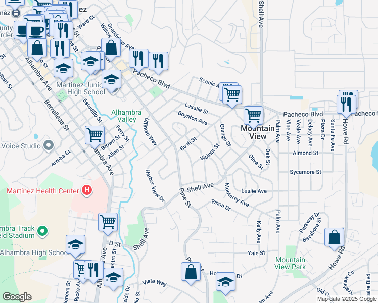 map of restaurants, bars, coffee shops, grocery stores, and more near 2121 Tacoma Avenue in Martinez