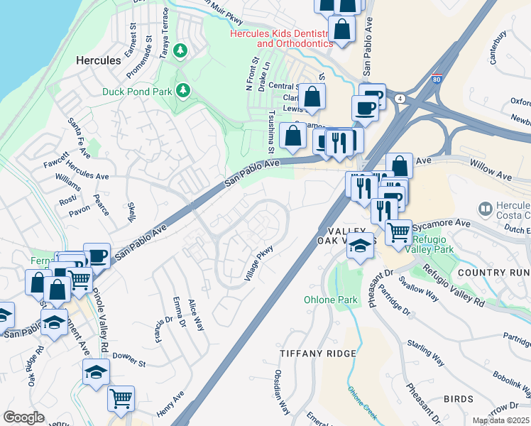map of restaurants, bars, coffee shops, grocery stores, and more near 337 North Wildwood in Hercules