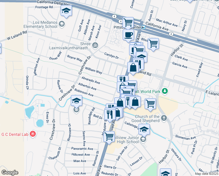 map of restaurants, bars, coffee shops, grocery stores, and more near 45 Alvarado Avenue in Pittsburg