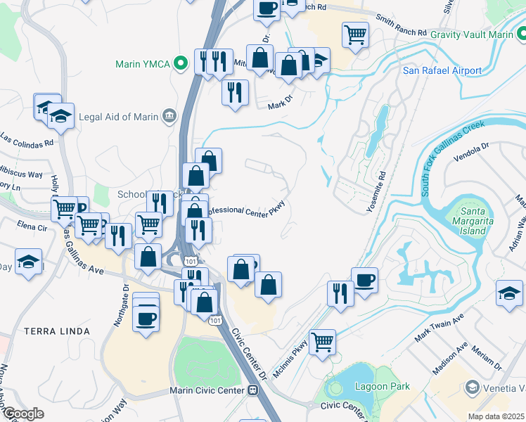 map of restaurants, bars, coffee shops, grocery stores, and more near 109 Professional Center Parkway in San Rafael