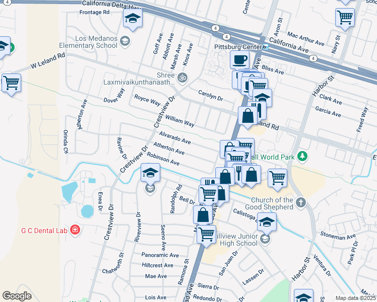 map of restaurants, bars, coffee shops, grocery stores, and more near 82 Atherton Avenue in Pittsburg