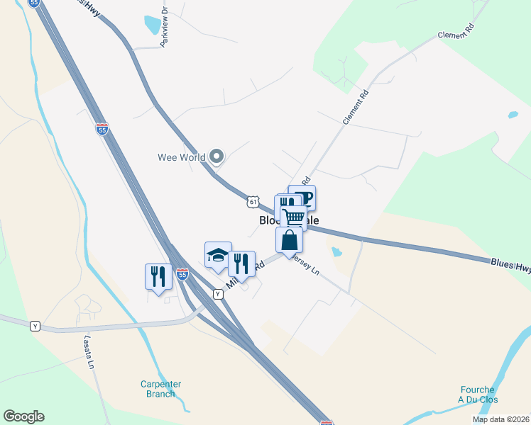 map of restaurants, bars, coffee shops, grocery stores, and more near 620 U.S. 61 in Bloomsdale