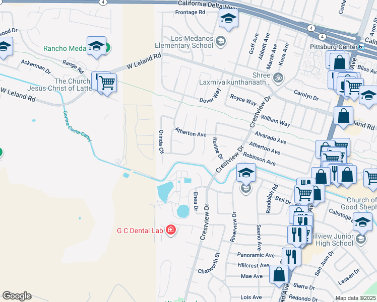 map of restaurants, bars, coffee shops, grocery stores, and more near 26 Orinda Lane in Pittsburg