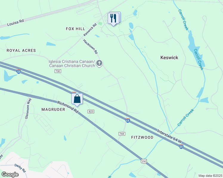 map of restaurants, bars, coffee shops, grocery stores, and more near 3815 Everettsville Lane in Keswick
