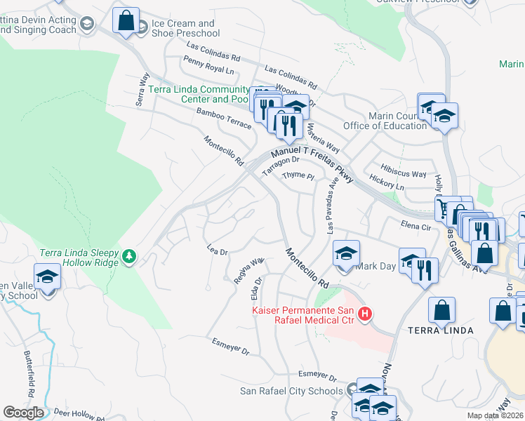 map of restaurants, bars, coffee shops, grocery stores, and more near 106 Forest Lane in San Rafael