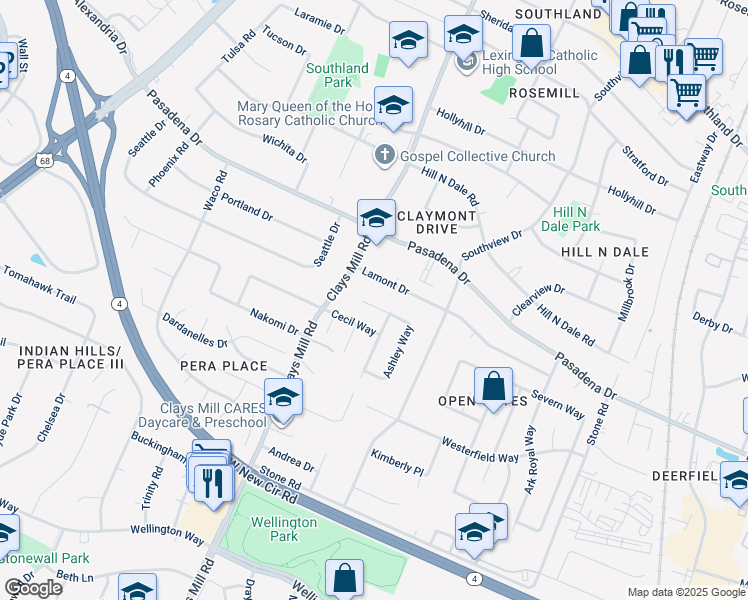 map of restaurants, bars, coffee shops, grocery stores, and more near 585 Ashley Way in Lexington