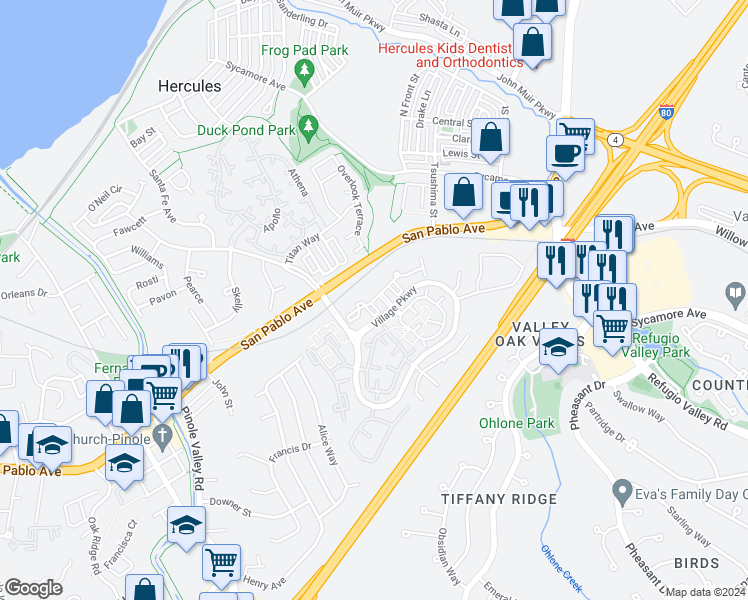 map of restaurants, bars, coffee shops, grocery stores, and more near 309 Devonwood in Hercules