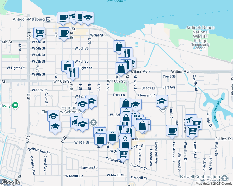 map of restaurants, bars, coffee shops, grocery stores, and more near 32 Park Lane in Antioch