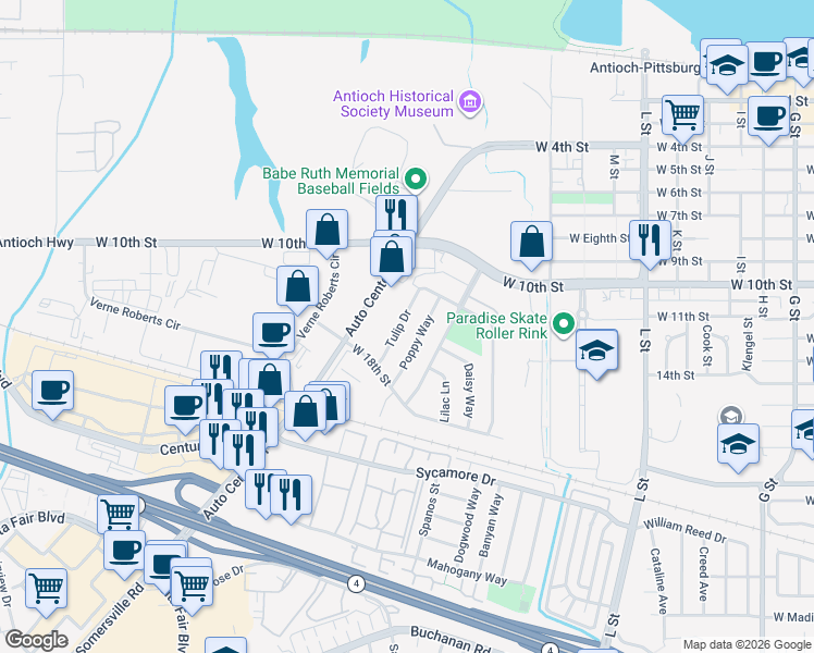 map of restaurants, bars, coffee shops, grocery stores, and more near 1405 Tulip Drive in Antioch