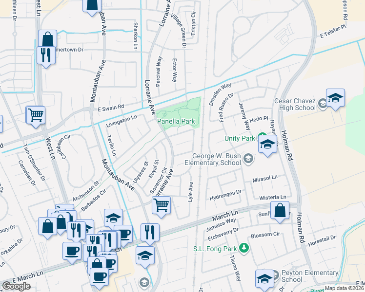 map of restaurants, bars, coffee shops, grocery stores, and more near 2323 Brandywine Court in Stockton