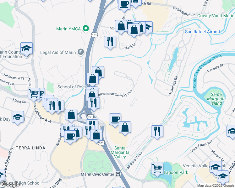 map of restaurants, bars, coffee shops, grocery stores, and more near 99 Professional Center Parkway in San Rafael