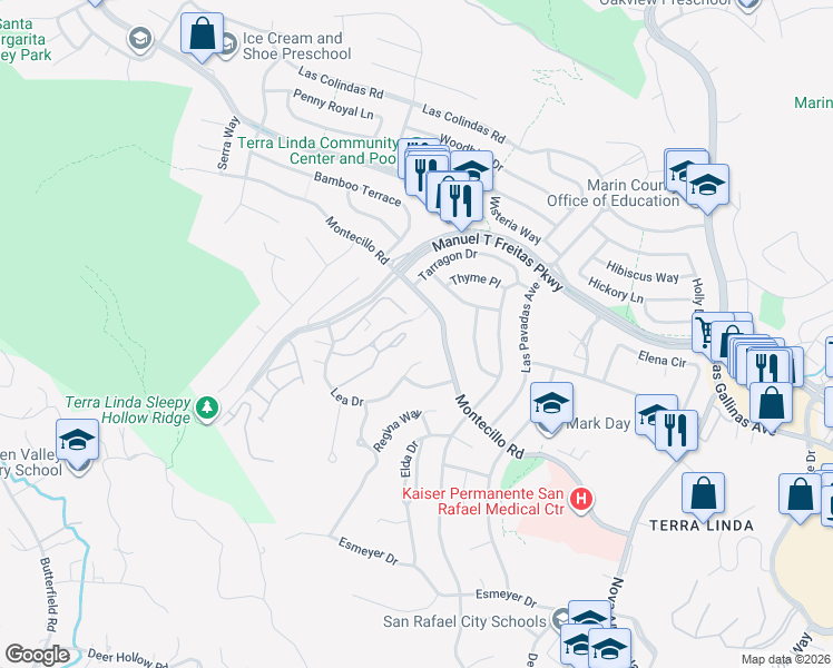map of restaurants, bars, coffee shops, grocery stores, and more near 106 Forest Lane in San Rafael