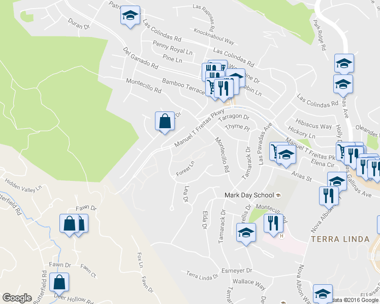 map of restaurants, bars, coffee shops, grocery stores, and more near 104 Surrey Lane in San Rafael