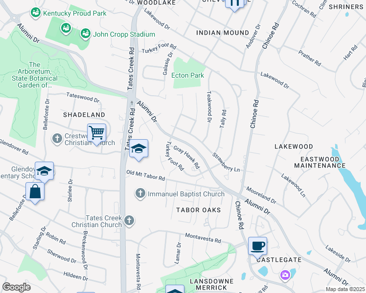 map of restaurants, bars, coffee shops, grocery stores, and more near 1313 Gray Hawk Road in Lexington