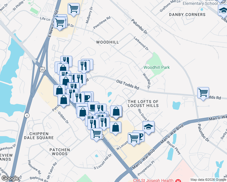 map of restaurants, bars, coffee shops, grocery stores, and more near 2806 Hanna Place in Lexington