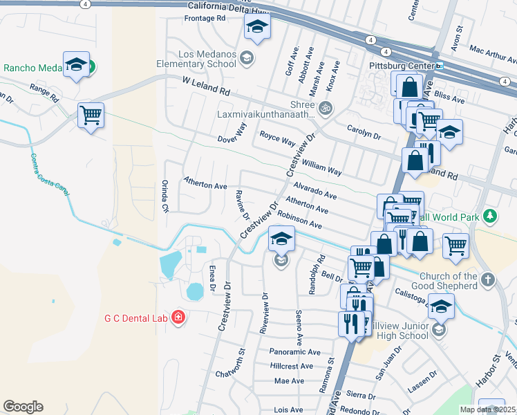map of restaurants, bars, coffee shops, grocery stores, and more near 24 Brooktree Court in Pittsburg