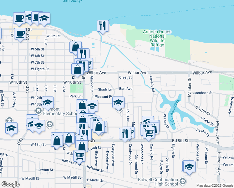 map of restaurants, bars, coffee shops, grocery stores, and more near 1111 Beverly Street in Antioch
