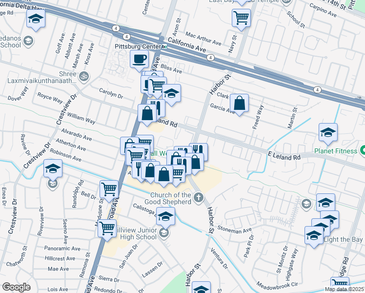map of restaurants, bars, coffee shops, grocery stores, and more near 375 Presidio Lane in Pittsburg