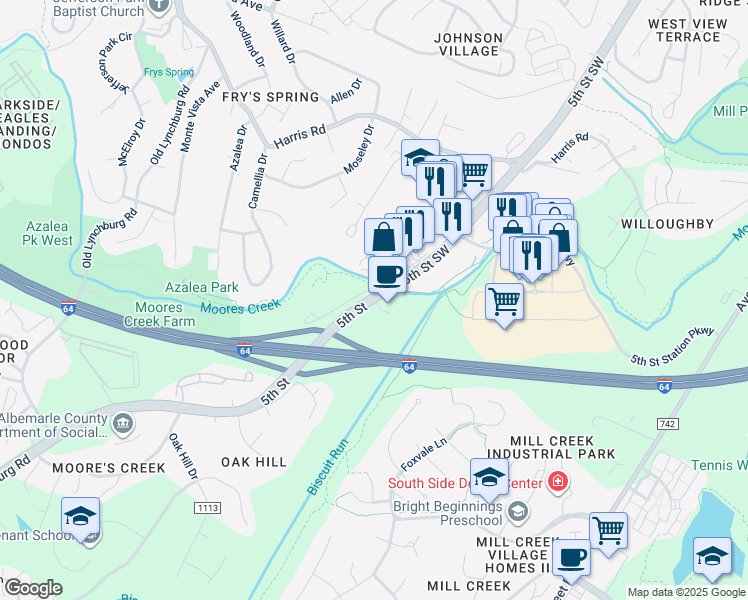 map of restaurants, bars, coffee shops, grocery stores, and more near 930 5th Street in Charlottesville